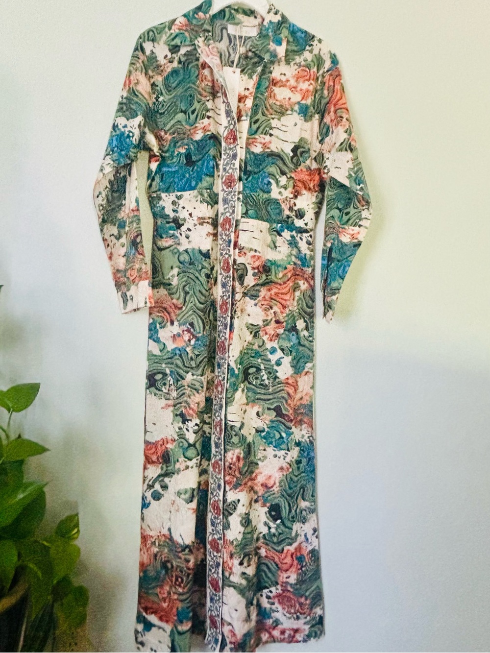 Bindu Sophie Dress Marble Print Maxi Duster Collared NWT Small
